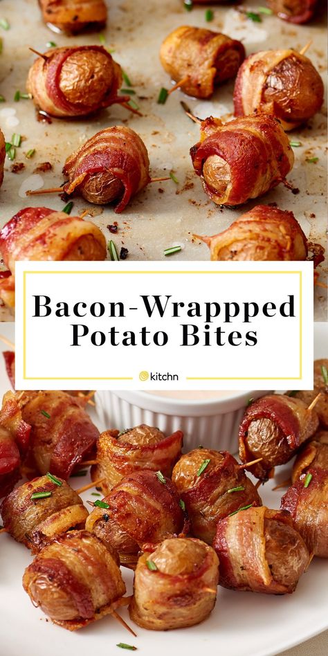 Party Snacks For Adults Appetizers, Spicy Sour Cream, Sour Cream Dipping Sauce, Bacon Wrapped Potatoes, Bacon Wrapped Appetizers, One Bite Appetizers, New Years Appetizers, Bowl Party Food, Salsa Picante