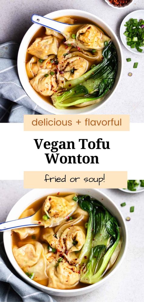 Filled with a flavorful veggie and tofu filling, these vegan wontons will impress even non-vegans! They are incredibly versatile and can be used to make wonton soup or fried wontons. This recipe is also quick and easy to make! Veg Wonton Recipes, Vegan Wontons, Vegan Wonton, Vegetarian Wonton, Vegetarian Asian, Healthy Board, Asian Soup Recipes, Tofu Recipes Easy, Asian Vegetarian Recipes