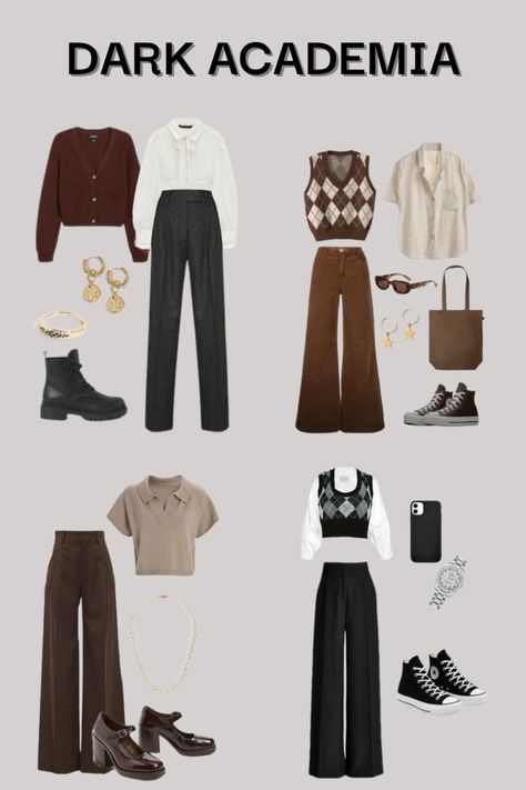 Outfit Inspirations Dark Academia, Fall Outfit Academia, Dark Academia Cozy Outfit, Dark Academia Aesthetic Outfit Gender Neutral, Dark Academia Outfit Ideas For School, Style Inspiration Dark Academia, Dark Academia Outfit Office, Dark Academia School Outfits, Dark Academia Modern Outfits