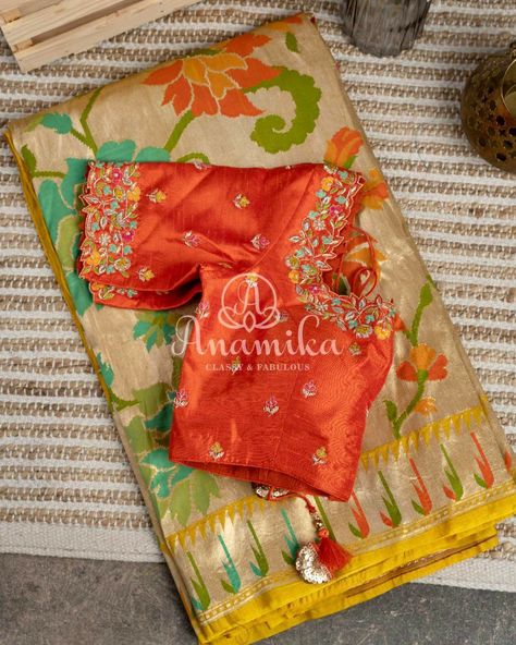 Orange Work Blouse Designs, Pythani Sarees Blouse Designs, Orange Pattu Saree, Pythani Sarees, Paithani Blouse Designs Latest, Magam Work, Banaras Sarees, Blouse Designs Catalogue, New Saree Designs