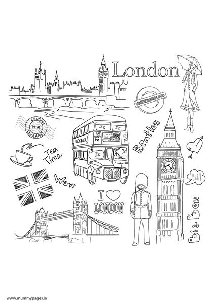 Travel doodles London Colouring Page | MummyPages.ie London Colouring Pages, English Doodles, London Doodles, English Drawing, London Drawing, Travel Doodles, Travel Drawing, Colouring Page, Travel Sketches