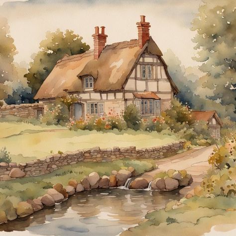 Printable art for instant download.   Download, print and frame this medieval cottage landscape watercolor painting. This original artwork depicts an idyllic medieval country cottage surrounded by trees and greenery in an English garden in summertime. A stone wall encloses the garden to the house. A pond in the foreground is surrounded by a rockery. Main shades: green, brown, cream, grey.   The soft colour palette along with the painting style creates an antique, old-fashioned, vintage aesthetic Cottage Scenery Painting, English Cottage Drawing, Watercolor Illustration Landscape, Watercolor Art House, Cottage Garden Painting, Cottage Watercolor Painting, Cottage Art Vintage, Old House Painting, Cottage Drawing