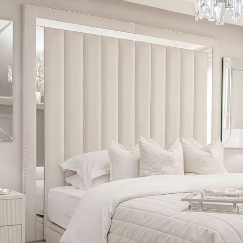 Chelsea Cream Mirrored Studded Premium Channelled Headboard Beds and Headboards Mirrored Headboard, Headboard Panels, Luxury Headboard, Beige Headboard, Beautiful Bed Designs, Cream Bedrooms, Beds Uk, Glamourous Bedroom, Modern Headboard