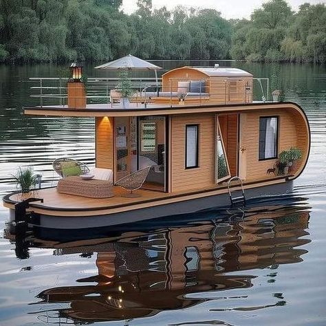 Tiny Houseboat, Small Houseboats, Small House Blueprints, Castle House Design, Boat House Interior, Houseboat Living, House Boats, Water House, House Construction Plan