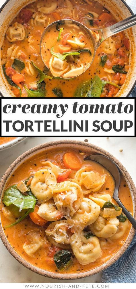 Cozy bowls of this Creamy Tomato Tortellini Soup are the perfect quick, easy, and filling meal. You'll love the creamy broth with rich tomato flavor, pillowy cheese tortellini, and tender veggies -- and that it only takes about 25 minutes to get on the table. Creamy Tomato Basil Tortellini Soup, Cheese Tortellini Soup Vegetarian, Broccoli Tortellini Soup, Frozen Tortellini Soup, Cheese Tortellini Soup Recipes, Tomato Basil Tortellini Soup, Cozy Bowls, Creamy Tomato Tortellini Soup, Creamy Tomato Tortellini