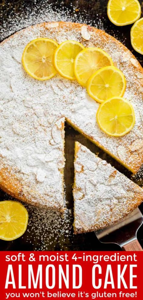 This is the easiest Almond Cake with just 4 main ingredients. This cake has a soft, moist crumb and is lightly sweet with a pop of lemon flavor. You won't believe it is a grain free and gluten free cake recipe! This is an almond flour cake you will make over and over. | natashaskitchen.com Gluten Free Almond Cake, Almond Flour Desserts, Almond Flour Cake, Almond Flour Cakes, Gluten Free Cake Recipe, Almond Cake Recipe, Almond Flour Recipes, Lemon Flavor, Gluten Free Cake