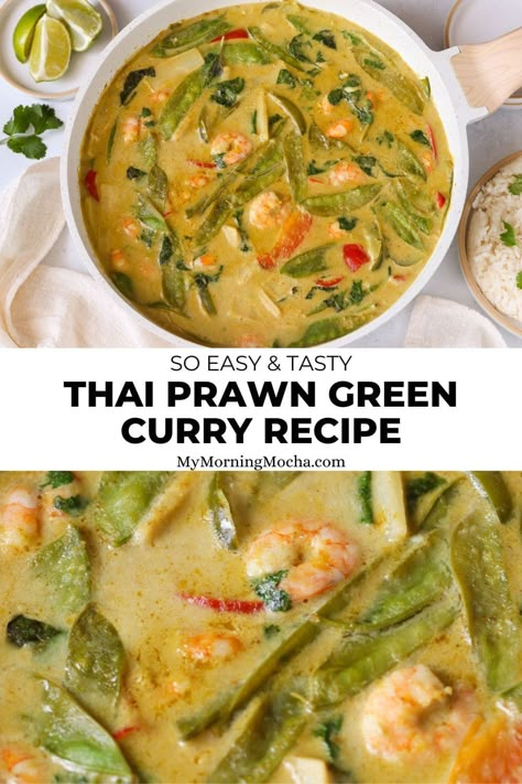 Here's+how+I+make+a+prawn+Thai+green+curry+that's+full+of+flavour+and+taste.+This+meal+takes+just+20+minutes+to+make+and+it's+so+easy.+via+@MyMorningMocha Green Curry Shrimp Coconut Milk, Chinese Beef Curry, Shrimp Green Curry, Thai Green Curry Recipe, Shrimp Coconut Milk, Green Curry Recipes, Salmon Curry, Thai Green Curry Paste, Homemade Flatbread