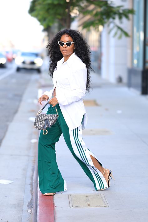 Adibreak Pants curated on LTK Smart Tracksuit Outfit, Track Pants And Heels Outfit, Blazer And Track Pants, Oversized Track Pants Outfit, Adidas Outfit Black Women, Green Track Pants Outfit, Track Pants Street Style, Adibreak Pants Outfit, Simple Comfy Outfits