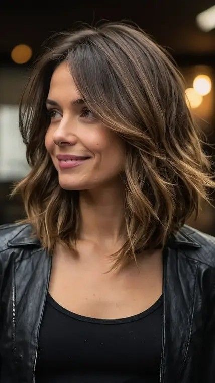 Shoulder Hair Length With Layers, Flattering Shoulder Length Hair, Shoulder Length Brown Hair Side Part, Medium-length Hairstyle, Haircuts For Midsize Women, Shoulder Length With Long Layers, Women’s Shoulder Length Hair, 2924 Hair Trends, Layers Bob Medium