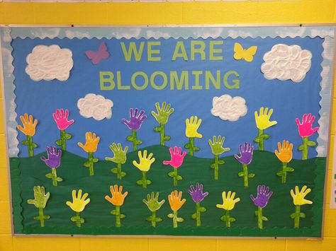 Spring bulletin board with puffy paint handprints and clouds Spring Bulletin Boards Preschool, Daycare Bulletin Boards, Toddler Bulletin Boards, Flower Bulletin Boards, Easter Bulletin Boards, Kindergarten Bulletin Boards, Birthday Board Classroom, Preschool Boards, Summer Bulletin Boards