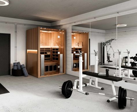 Garage Gym With Sauna, Sauna In Home Gym, Home Gym With Sauna And Cold Plunge, Sauna In Garage, Gym With Sauna, Garage Gym Design, Contrast Therapy, Sauna Health Benefits, Pool Area Ideas