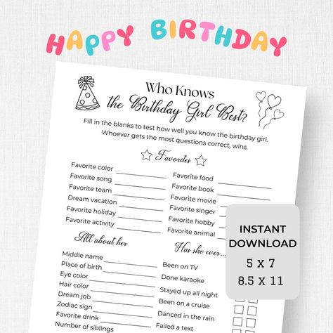 Celebrate your special occasion with the "Who Knows the Birthday Girl Best" game, a delightful birthday party game designed to bring laughter and fun to any celebration. Whether you’re throwing a casual get-together or a lively birthday party, this birthday trivia game will create unforgettable memories and ensure everyone has a blast. Get ready to find out who knows her best!

DETAILS
• Two PDF files
• One PDF 8.5 x 11" Game
• One PDF of two 5 x 7" Birthday Trivia Game, Birthday Trivia, Minimalist Birthday, Birthday Party Game, Birthday Party Games, Birthday Games, Dancing In The Rain, Trivia Games, Party Game