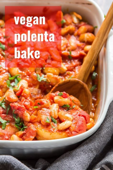 Polenta Ideas, Polenta Recipes Vegan, Tomato Polenta, Polenta Bake, Polenta Casserole, White Bean Tomato, Starch Diet, Vegan Polenta, Vegan Casserole Recipes