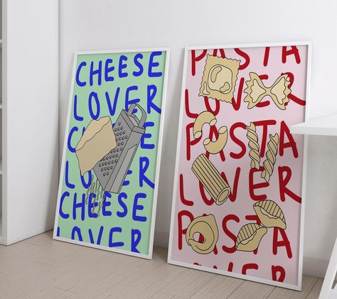 Thanks for all the love on the pasta print yesterday! To sit along side there is also a cheese lover, wine lover and coffee lover! Fun fact I actually don’t like pasta and am allergic to cheese 🧀 Shop prints in the link in my bio, we reopen on Friday ✨ …… #groovyprints #gallerywall #gallerywalluk #artwork #illustrator #typography #typographicposter #etsy #foodie #homedecor #newhome #newbuildhome #kitchendesign #kitchendecor Cheese Illustration Design, Cheese Illustration, Illustrator Typography, Shop Prints, Cheese Shop, Girly Wall Art, Pasta Lover, Typographic Poster, Cheese Lover