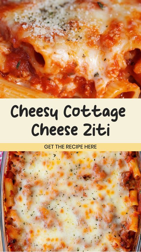 Indulge in a creamy cottage cheese ziti that's perfect for any night of the week. The rich cottage cheese and flavorful ziti pasta create a mouthwatering meal your whole family will love. Ideal for a quick, easy dinner or a new culinary adventure!  Ingredients 8 ounces dry pasta (ziti or preferred type) 1.5 cups favorite sauce 1.5 cups cottage cheese 10 ounces cooked lean protein (ground beef, turkey, or chicken) 1 cup mozzarella cheese 1 large whole egg 1 tablespoon italian seasoning 2 teaspoon Creamy Pasta Sauce With Cottage Cheese, Cottage Cheese Italian Recipes, Ziti Pasta Recipes Ground Beef, Baked Ziti With Cottage Cheese Easy, Italian Meals Easy, Cottage Cheese And Pasta Recipes, Pasta And Cottage Cheese Recipe, Cottage Cheese Meatballs, Baked Ziti Cottage Cheese