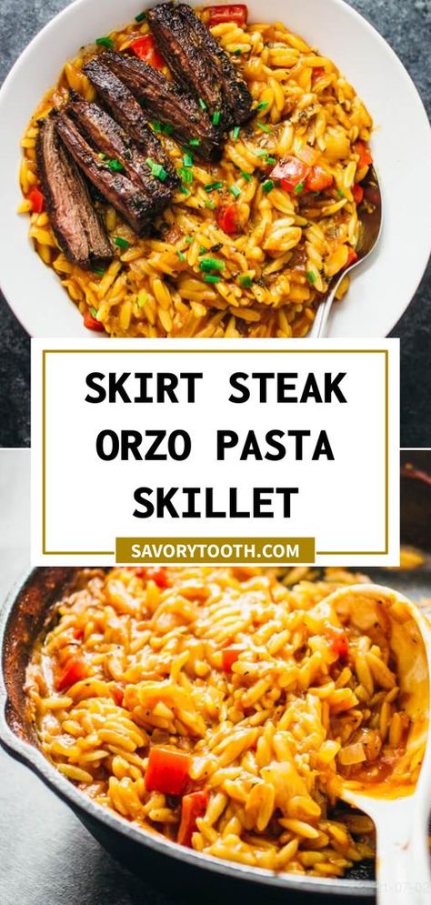 Enjoy marinated skirt steak served over a bed of creamy tomato orzo pasta simmered with Italian spices. Steak Orzo, Tomato Orzo Pasta, Creamy Tomato Orzo, Creamy Orzo Pasta, Tomato Orzo, Orzo Pasta Recipes, Marinated Skirt Steak, Healthy Steak, Creamy Orzo