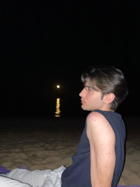 boy | aesthetic | beach | night | moon Night Beach Pics Men, Beach At Night Poses, Night Beach Photo Ideas, Boy Beach Aesthetic, Beach Men Aesthetic, Beach At Night Photoshoot, Night Photography Men, Beach Pics Men, Night Pics Instagram