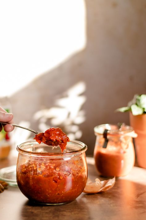 Cherry Tomato Harissa Jam | The Maker Makes Pumpkin Jam, Sauce Bolognaise, Caramelized Shallots, Harissa Paste, Fresh Cherry, Tomato Jam, Homemade Condiments, Green Sauce, Dips And Spreads