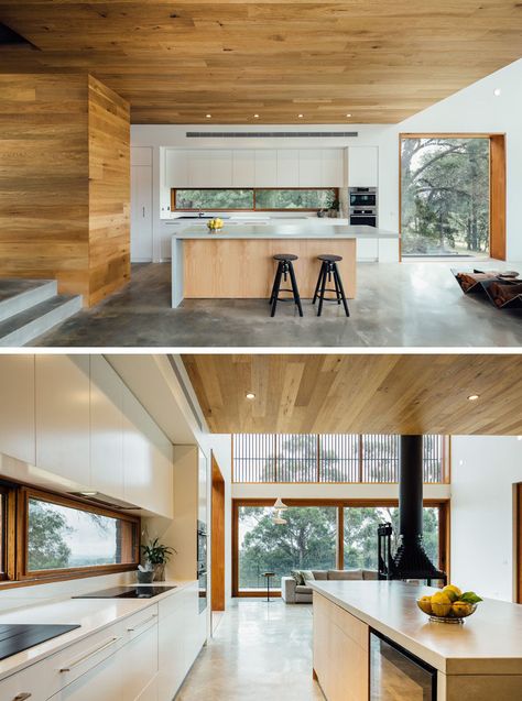 12 Inspirational Examples Of Letterbox Windows In Kitchens // This wood framed letterbox window doubles as a backsplash and creates a nice contrast with the white cabinetry and countertops. Southwest Interior, Desert Ranch, Sunset House, Modern Courtyard, Desert House, Future Kitchen, Open Plan Living Room, Desert Homes, White Cabinetry