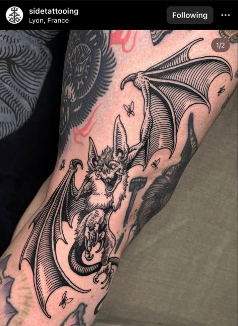 Skull Elbow Tattoo Men, Tattoo Ideas For Men Gothic, Gothic Men Tattoo, Fun Leg Tattoos, Small Scary Tattoos For Men, Creepy Bat Tattoo, Gothic Shin Tattoo, Men’s Waist Tattoo, Dark Tattoos Women