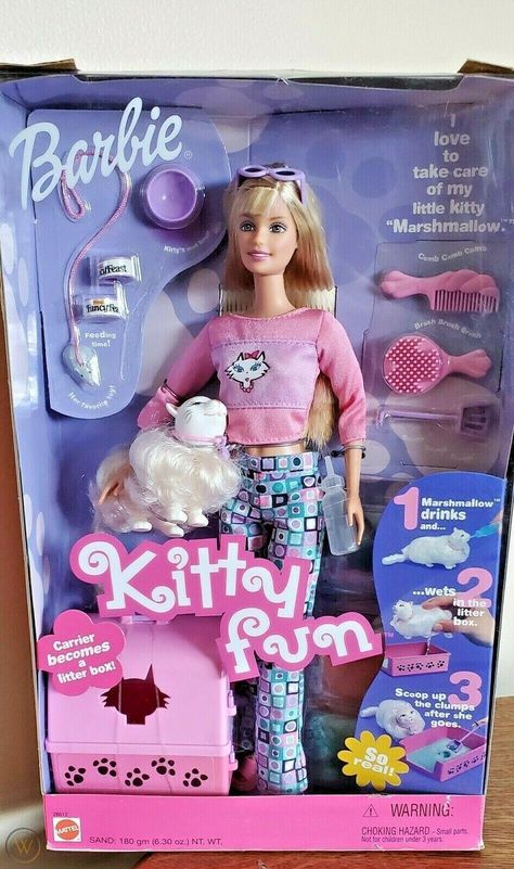 Kitty Fun Blonde Barbie Doll Marshmallow Cat NOS 28612 Mattel Box Shows Wear | #3786069114 Marshmallow Cat, 1990s Barbie Dolls, Movie Fits, Barbie Cat, Blonde Barbie, Barbie Playsets, Y2k Nostalgia, Barbie 90s, Barbie 2000