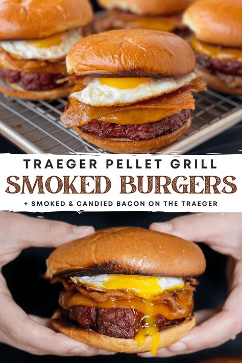 Best Smoked Burger Recipe, Smoked Traeger Recipes, Treager Grill Burgers, Easy Smoked Meat, Pellet Grill Burger Recipes, Burgers On The Traeger Grill, Smoker Burger Recipes, Burgers On Traeger Grill, Traeger Hamburger Recipes