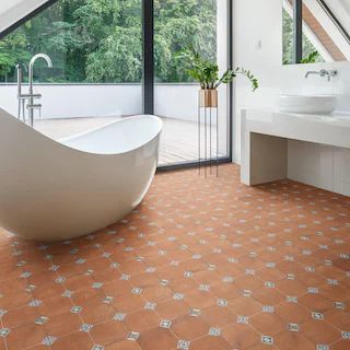 Floor Tiles - Bed Bath & Beyond Saltillo Tile Bathroom, Terracotta Bathroom Floor, Mom Bathroom, White Square Tiles, Orange Tile, Small Half Bathroom, Tile Bedroom, Orange Tiles, Bathroom Design Trends