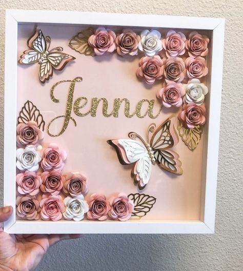 Baby Shadow Box, Personalized Shadow Box, Shadow Box Gifts, Box Frame Art, Diy Shadow Box, Idee Cricut, Cricut Explore Projects, Flower Shadow Box, Paper Flowers Craft