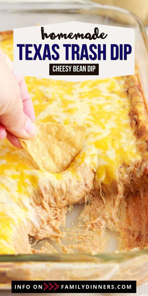 If you want to add a new staple to your favorite dip recipes, then Texas trash dip is just perfect for you. You only need a few simple ingredients to make this quick and easy super bowl dip. It is the perfect blend of cream cheese, sour cream, refried beans, taco seasoning and cheese. Lots of cheese! This hot bean dip is gooey, comforting and the perfect mix of flavors. You can serve Texas trash dip at parties, on game day, Cinco de Mayo or at any Mexican inspired dinner party. Serve this best Trash Dip Recipe, Super Bowl Dip, Hot Bean Dip, Warm Dip Recipes, Texas Trash Dip, Super Bowl Dips, Refried Bean Dip, Texas Trash, Easy Super Bowl