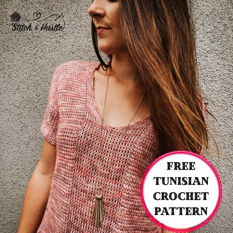 Comfort Tee Free Tunisian Crochet Pattern Caron Simply Soft Crochet Patterns, Tunisian Sweater, Tunisian Patterns, Tunisian Crochet Free, Crochet Shirts, Crochet Tunisian, Crochet Tee, Tunisian Crochet Pattern, Tunisian Crochet Hook