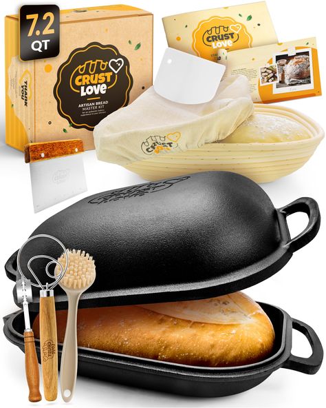 PRICES MAY VARY. AUTHENTIC BAKING EXPERIENCE - Dive into the art of breadmaking by baking your own bread the traditional way with a Banneton Basket and a cast iron bread pan - comes with great bread recipes PERFECT CRUST - The pre-seasoned 7.2QT dutch oven with lid ensures even heat distribution for that crispy crust we all love. You can have healthy whole grain or sourdough bread every day of the week ALL YOU NEED - The large Dutch Oven for Bread Baking comes with a Bread Proofing Basket, a Sco Sourdough Bread Maker, Cast Iron Bread Pan, Fruit Breads, Cast Iron Bread, Bread Proofing Basket, Bread Proofing, Bread Scoring, Bread Oven, Proofing Baskets