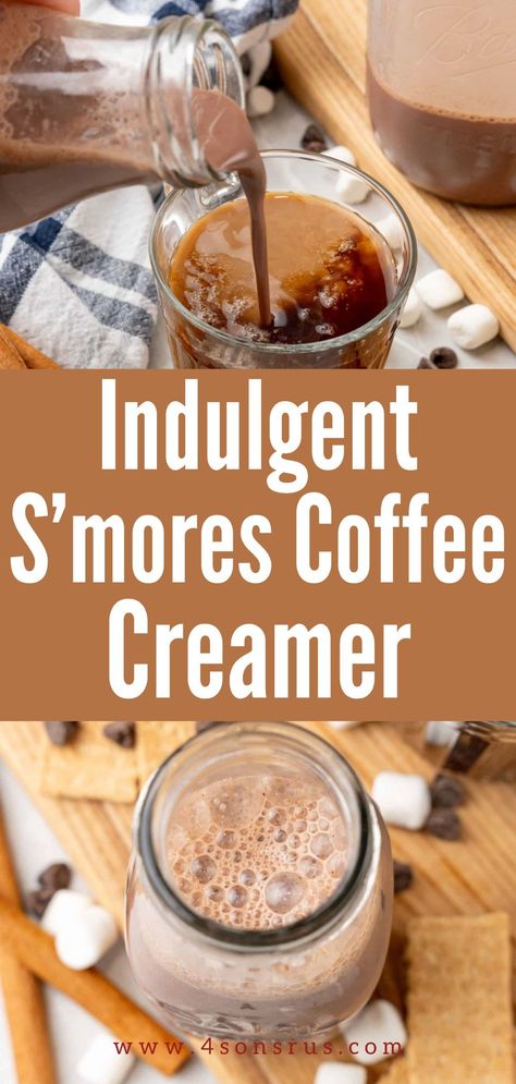 S’mores coffee creamer gives you gourmet coffee shop style taste right at home! No need to spend extra on fancy coffee drinks or store bought creamers when you can make a batch of this chocolate marshmallow goodness and treat yourself anytime. Save this recipe for later! Smores Coffee Creamer, Homemade Flavored Coffee Creamers, Marshmallow Coffee Creamer, Diy Coffee Creamer 3 Ingredients, Gluten Free Coffee Creamer, Chocolate Caramel Creamer, S’more Coffee, Chocolate Creamer Recipe, Smores Coffee Recipe