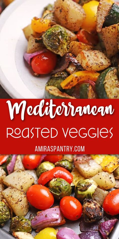 An assortment of fresh cut up veggies with seasoning caramelized in the oven with Pinterest overlay. Mediterranean Roasted Vegetables, Potluck Side Dishes, Mediterranean Spices, Meatless Monday Recipes, Veg Dishes, Delicious Vegetables, Lebanese Recipes, Best Side Dishes, Veggie Side Dishes