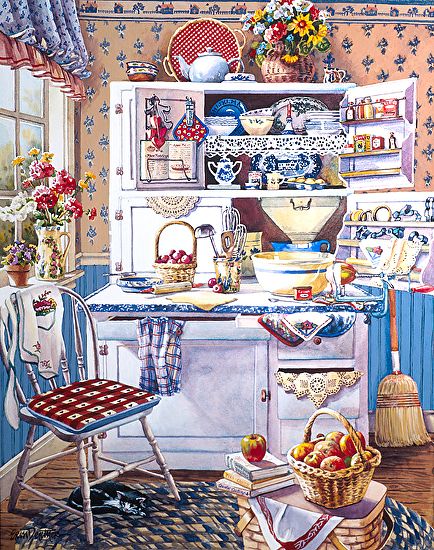 $65 'Grandma's Kitchen Corner' by Erin Dertner ~ 16 x 12 - Impressionist watercolor painting of a bustling and colorful country kitchen. Signed and Numbered Offset Lithograph Reproduction on premium quality paper; limited edition of 500. Typographie Inspiration, Arte Gif, Grandmas Kitchen, Romantic Country, Cottage Art, Images Vintage, Vintage Diy, Country Art, Mail Art