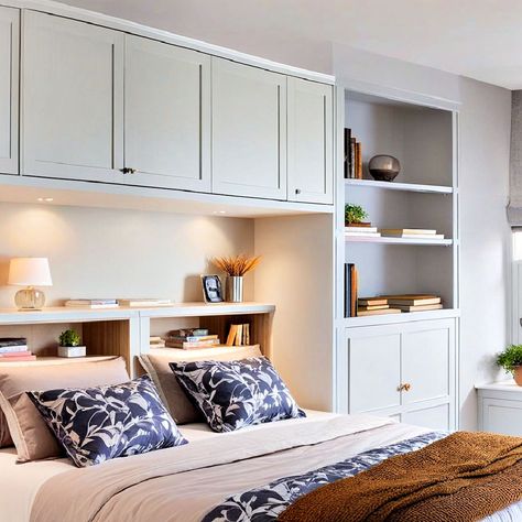 25 Built-In Wardrobe Ideas Around A Bed To Consider Bed Inset In Closet, Built In Bed Shelves, Bookshelf Headboard Ideas, Cupboard Around Bed, Built In Wall Units Bedroom, Built In Wardrobe Around Bed Ideas, Built In Storage Around Bed, Built In Headboard Wall Storage, Built In Wardrobe Ideas Around Bed