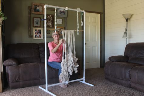 Build an Adjustable Macrame Workstation | DIY on the House Macrame Rack Diy, Macrame Workshop Setup, Diy Macrame Stand, Macrame Working Stand, How To Set Up Macrame Work Space, Macrame Stands, Diy Macrame Work Stand, Macrame Frame Diy, Macrame Work Station Setup