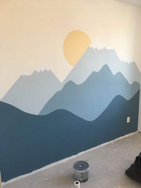 Blue Mountain Nursery Wall, Wall Murals Diy Mountain, Playroom Mountain Mural, Blue Mountain Wall Mural, Mountains Accent Wall, Blue Wall Painting Ideas Bedrooms, Wall Paint Mountains, Kids Mountain Mural, Kids Room Mountain Wall