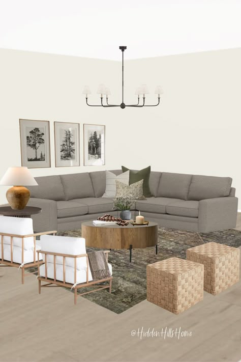 Cozy living room design board with a sectional sofa and two accent chairs! This living room follows a modern classic style with warm tones! Grey Couch Beige Chairs, Cozy Living Room Sectional Layout, Gray Sectional With Accent Chairs, Accent Chairs For Living Room Gray Couch, Gray Sectional And Accent Chairs, Grey Sectional With Accent Chairs, Sectional Living Room With Accent Chair, Grey Sofa With Accent Chair, Charcoal Gray Sofa Living Room Decor