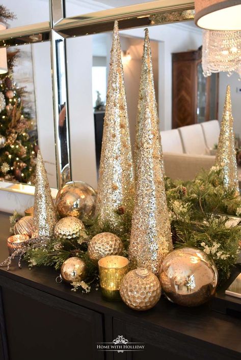 Silver and Gold Christmas Centerpiece #Christmas #cheap #elegant #decorhomeideas Gold And Silver Christmas, Christmas Cones, Silver Christmas Decorations, Centerpiece Christmas, Elegant Christmas Decor, Tree Centerpieces, Christmas Table Centerpieces, Glam Christmas, Cone Christmas Trees