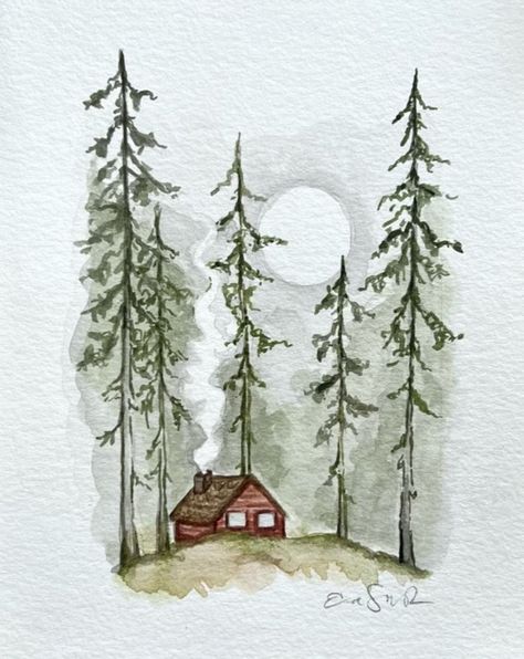 Folklore Watercolor Painting, Mountain Scene Watercolor, Basics Of Watercolor Painting, Easy Watercolor Practice, Watercolor Painting For Boyfriend, Simple Nature Watercolor, Camping Watercolor Painting, Watercolor Inspo Aesthetic, Mini Christmas Watercolor Paintings