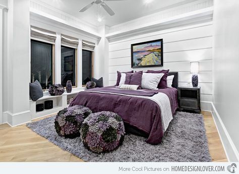 15 Stunning Black, White and Purple Bedrooms White And Purple Bedroom, Purple And Gray Bedroom Ideas, Purple And Gray Bedroom, Bedrooms Black, Purple Bedroom Design, Purple Bedroom Decor, Grey Bedroom Design, Purple Bedrooms, Purple Bedding