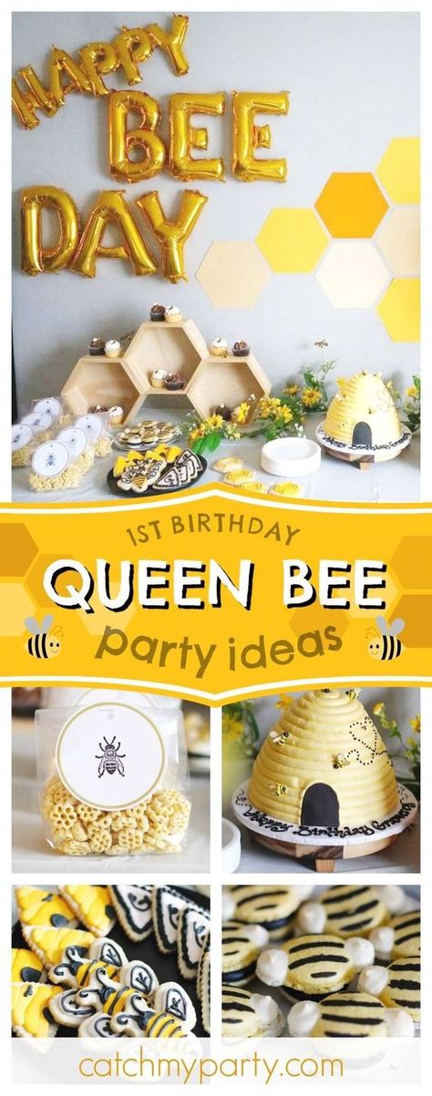 Check out this awesome Queen Bee themed 1st birthday party! The bee hive birthday cake and the bee cookies are wonderful!! See more party ideas and share yours at CatchMyParty.com #catchmyparyy #partyideas #queenbee #1stbirthdayparty Bee Themed Birthday Party, Bumble Bee Birthday, Bee Theme Party, Bee Cookies, Themed 1st Birthday, Bee Birthday Party, Bee Party, First Birthday Party Themes