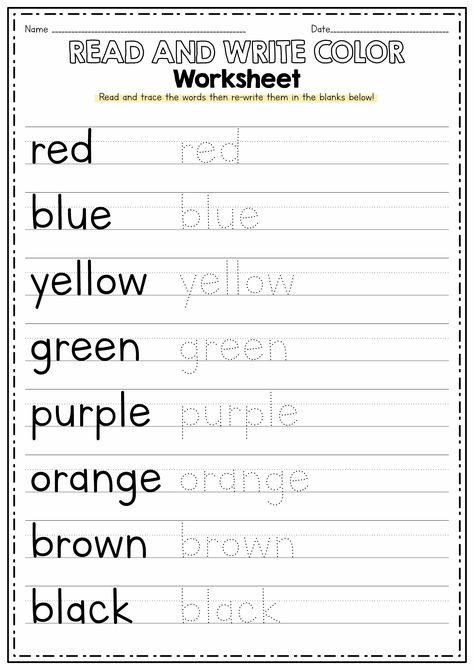 Word Tracing Worksheets For Kindergarten, Color Spelling Worksheet, Writing Practice For Grade 1, Grade 1 Writing Worksheets, Color Tracing Worksheet, Christmas Pre K Worksheets, Writing Words Worksheet, Writing Colors Worksheet, Color Words Worksheet