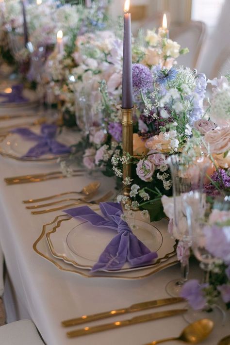 This stunning tablescape with soft lilac accents and gold cutlery was curated by Lucy Ann Events. Definitely some inspiration for your Bridgerton Inspired wedding! Photo by @charlottewisephotography Wedding Planning | Luxury Wedding Planner | Tablescape | Bridgerton | Refined | Elegant Bridgerton Vibes, Bridgerton Wedding, Bridgerton Inspired, Lilac Wedding, Luxe Wedding, Garden Party Wedding, Wedding Tablescapes, Wedding Mood, Bridal Shower Theme