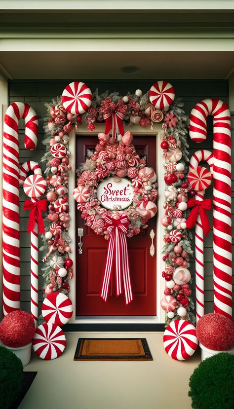 🎄 21 Stunning Christmas Door Decorating Ideas to Wow Your Neighbors 🎅✨ Peppermint Ornaments, Easy Outdoor Christmas Decorations, Gingerbread Christmas Decor, Christmas Themes Decorations, Christmas Porch Decor, Cosy Christmas, Christmas Decorations Diy Outdoor, Candy Christmas Decorations, Christmas Inspo