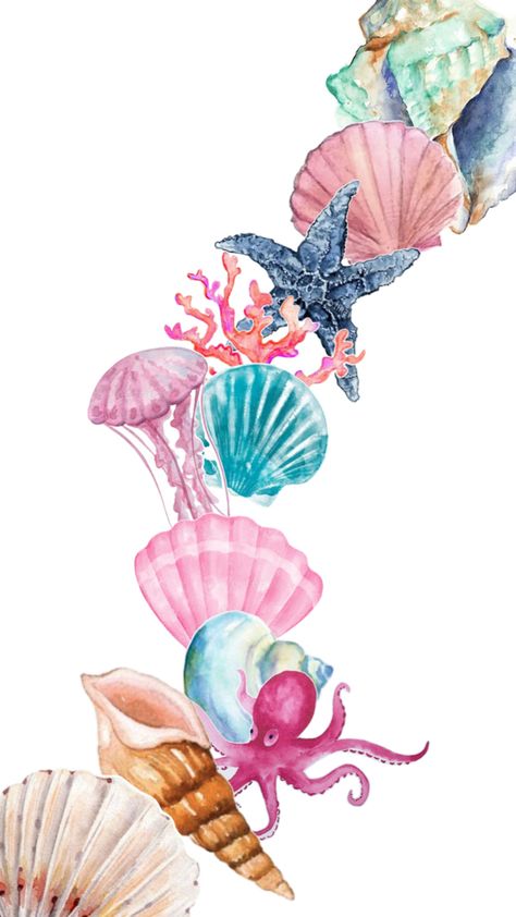 Cute seashells and sea creatures! Summer Themed Wallpaper, Summer Wallpaper Phone, Shell Wallpaper, Summer Prints Wallpaper, Beachy Wallpaper, Beach Wallpaper Iphone, Cute Home Screen Wallpaper, Beachy Summer, Cute Summer Wallpapers