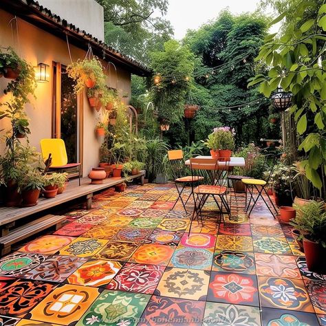 Colorful Tiles, Hippie House, Hippie Garden, Garden Floor, Hippie Homes, Mexican Home, Bohemian Lifestyle, Boho House, Outdoor Decor Backyard