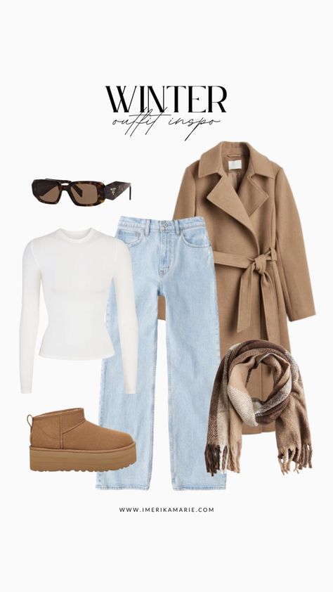 winter outfit Jeans Uggs Outfit Winter, Brown Long Coat Outfit Winter Style, Outfit With Coat Winter, Cute Outfits Winter Jeans, Vacation Winter Outfits, Outfit With Brown Coat, Brown Uggs Outfit Winter, Winter Outfits With Coats, Outfits With Platform Uggs