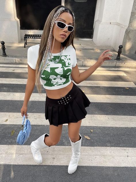 Cropped Graphic Tee Outfit, Cropped Graphic Tees, Shein Icon, Graphic Tee Outfits, Crop Tank Top, Women T Shirts, Crop Tee, Cropped Tank Top, Crop Tank