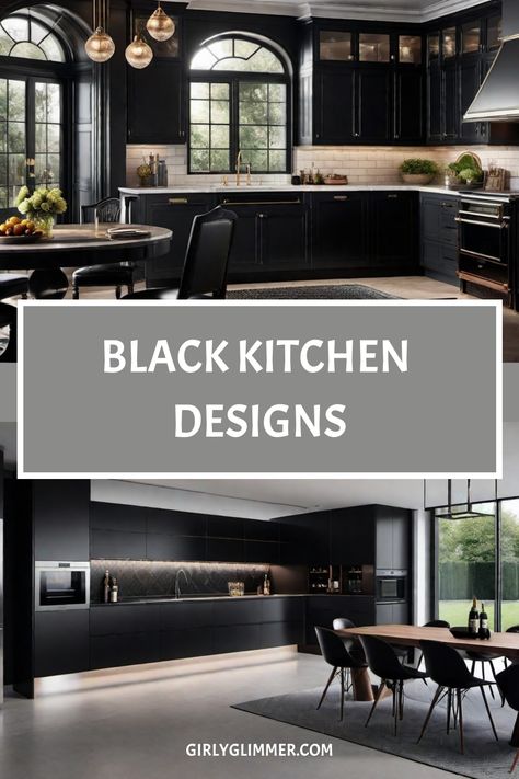 Modern black kitchen designs with elegant lighting and sleek cabinets. Text in the center reads "Black Kitchen Designs." Black Marble Backsplash Kitchen, Kitchen Island With Black Countertop, Black Counter Tops In Kitchen, Edgy Kitchen, Japanese Kitchen Design, Black Kitchen Ideas, Black Kitchen Design, Night Heron, Grey Kitchen Designs